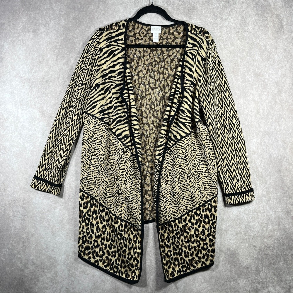 Chico's Cardigan Sweater Womens 2 US Large Brown Animal Print Chevron Knit Open